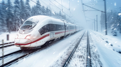 A modern train journeys rapidly across a landscape cloaked in snow, a scene of dynamic motion, banner.