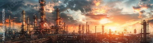 Wide-angle shot of a petrochemical refinery  extensive infrastructure  dramatic sky