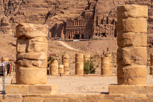 Great Temple and Royal Tombs in Petra, Jordan: Majestic Ancient Ruins and Sandstone Columns Against a Historic Backdrop