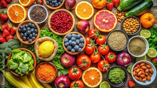 Vibrant assortment of fresh fruits, vegetables, and spices. photo
