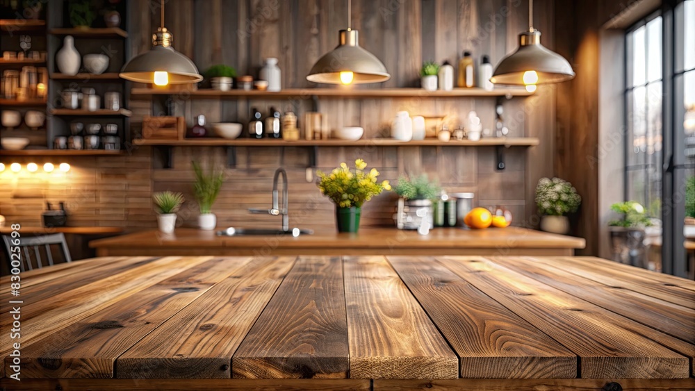 Fototapeta premium Cozy rustic kitchen with wooden countertops and hanging lights.