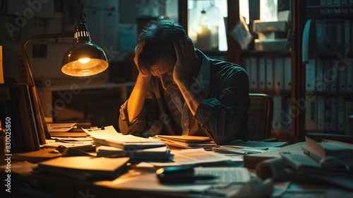 Businessman sitting alone in a dimly lit office, holding his head in his hands, surrounded by documents indicating financial failure, representing bankruptcy and hopelessness. photo