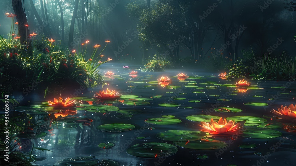 Fototapeta premium A photo of a magical swamp with glowing lily pads, a foggy landscape with will-o'-the-wisps