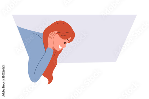 Curious woman overhears and tries to find out secret while hanging from hatch in ceiling. Curious girl with smile puts hand to ear to hear confidential information from colleagues or competitors