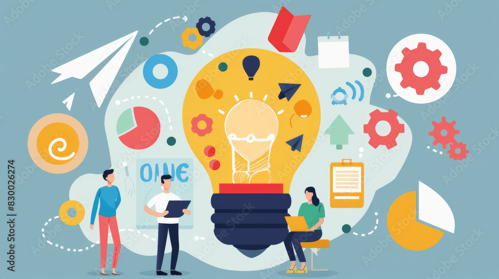A diverse group of individuals gathered around a large illuminated light bulb, discussing and brainstorming ideas A diverse group of individuals gathered around a large illuminated light bulb, discussing and brainstorming ideas
