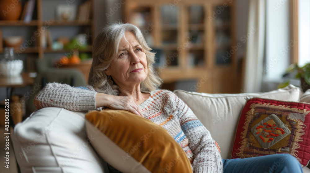 Obraz premium Elderly woman is seated on top of a white couch
