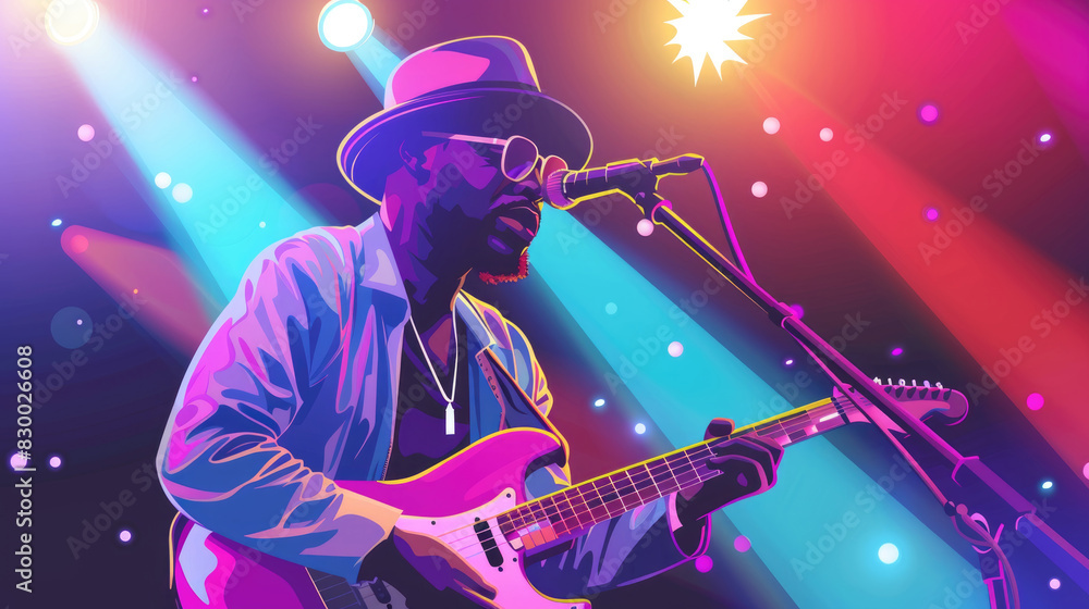 Obraz premium A man skillfully plays a guitar in front of a microphone, showcasing his musical talent