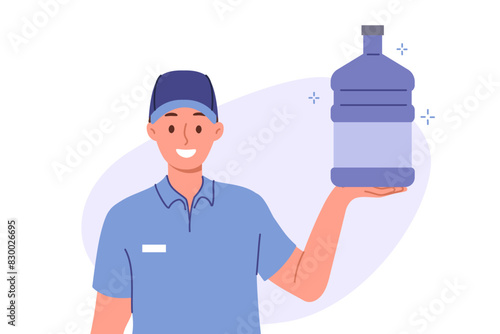 Man delivering water for cooler holds large bottle and smiles, offering to purchase mineral aqua. Concept of importance of dehydration and drinking plenty of filtered water to support health