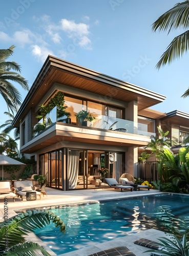 A Modern Villa with Poolside Palm Trees