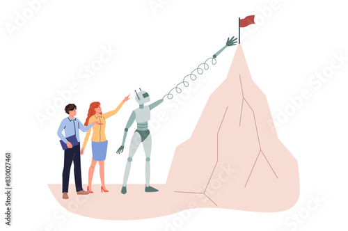 Robot helps business people achieve success and fulfill goals, pulls out flag from high mountain. Robot with ai technology works together with colleagues using innovative methods to optimize work