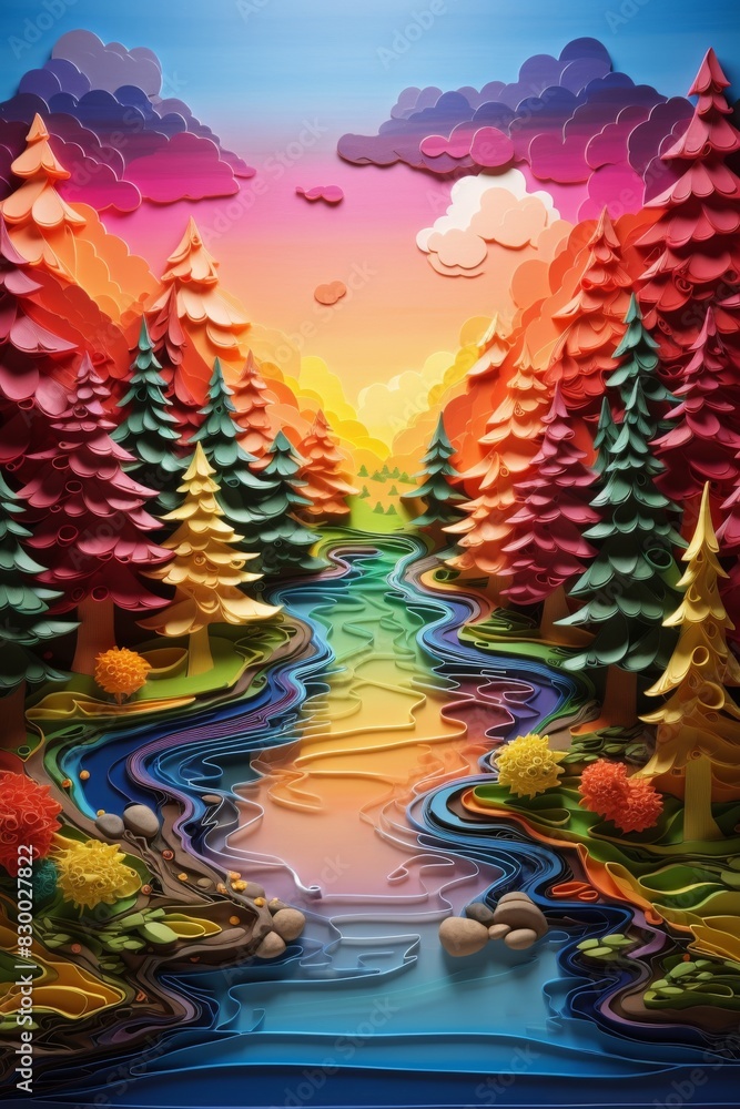 Plasticine art, A serene lake surrounded by rainbow-colored trees with a reflection of a rainbow arching across the water Plasticine art, A serene lake surrounded by rainbow-colored trees with a reflection of a rainbow arching across the water
