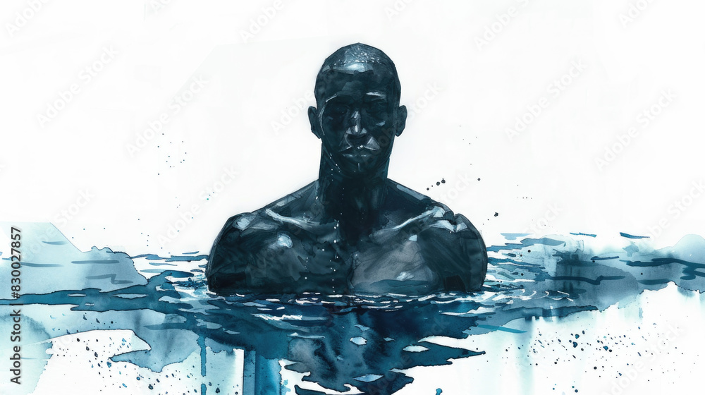 A male individual standing upright in a body of water with his head emerging above the water level A male individual standing upright in a body of water with his head emerging above the water level