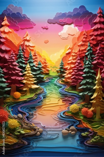 Plasticine art, A serene lake surrounded by rainbow-colored trees with a reflection of a rainbow arching across the water