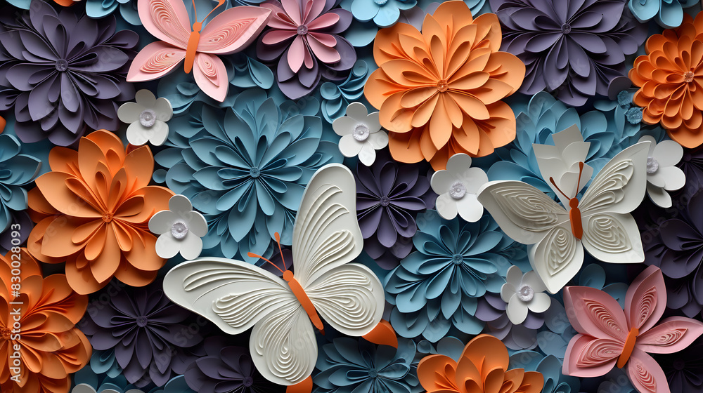 Fototapeta premium digital paper-cut butterflies and flowers poster background