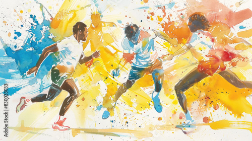 A painting depicting a group of individuals running energetically