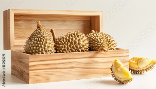 Ripe Durian Pulp on Wooden Background  King of Fruits photo