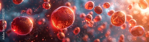Abstract close-up of floating red cells in a vibrant, glowing environment showcasing biological and medical concepts. photo