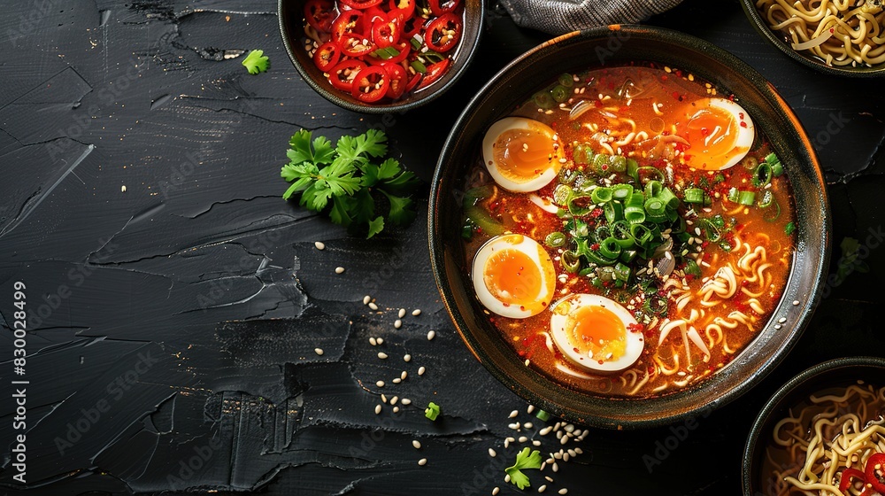 Miso Ramen Asian noodles with egg, enoki and pak choi cabbage in bowl on dark concrete background Miso Ramen Asian noodles with egg, enoki and pak choi cabbage in bowl on dark concrete background