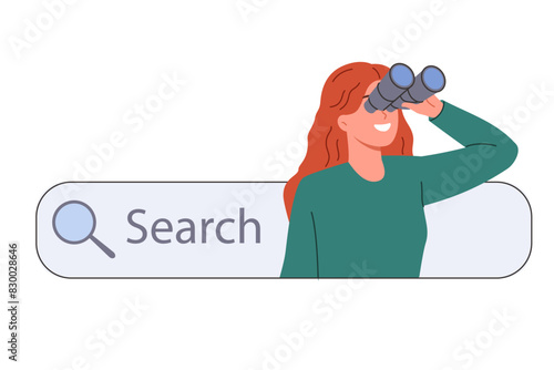 Woman uses internet search for educational research, stands with binoculars in hands near search bar. Concept of SEO optimization of website and interface to attract customers from social networks