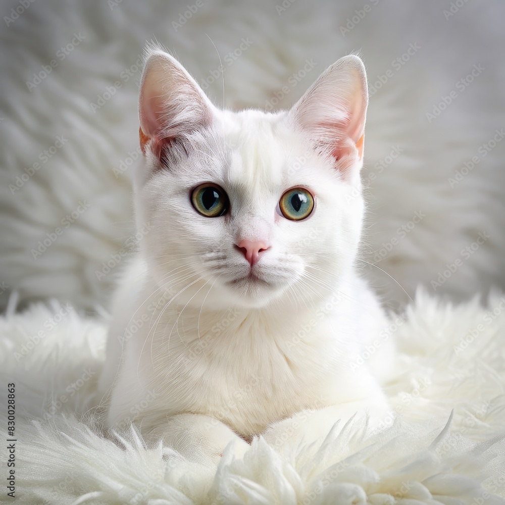 White Cat Sitting on Fluffy White Blanket. Generative AI