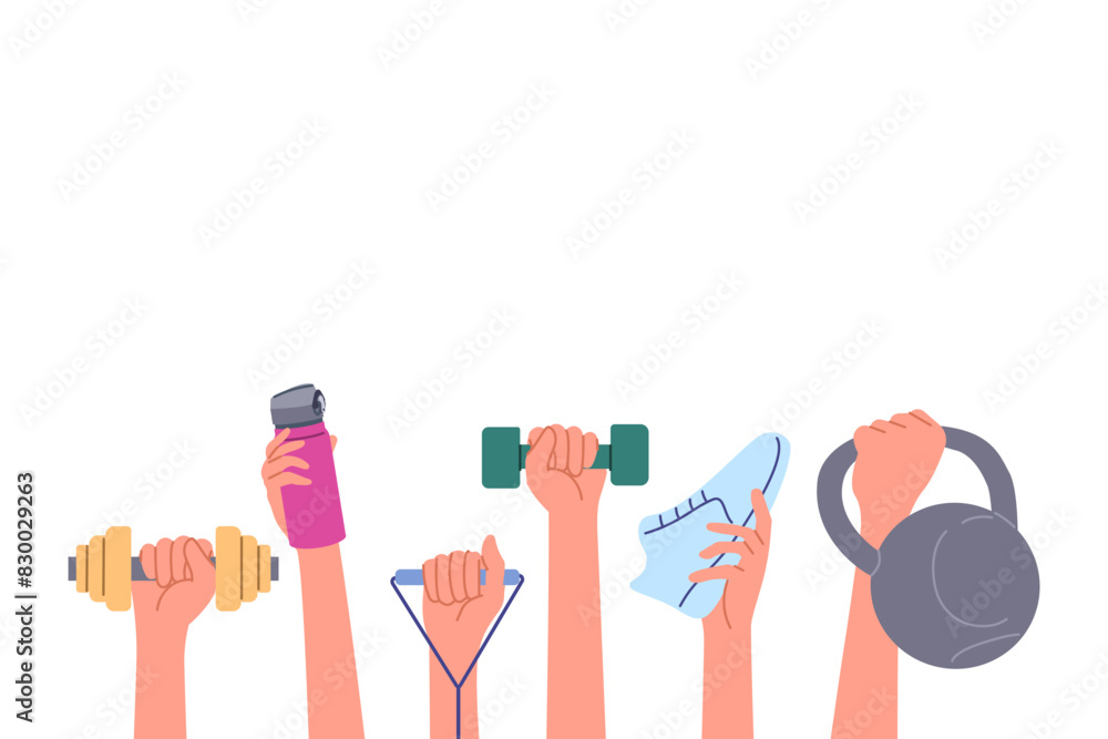 Sports equipment in hands of people lifting weights and dumbbells for fitness training, or holding bottle and sneakers for running. Sports items for physical education or athletics to improve health