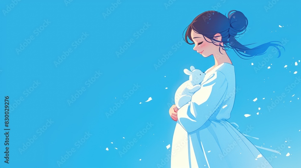 A charming cartoon of a pregnant woman holding a baby set against a lovely blue backdrop