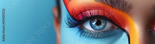 Close-up of a stunning eye with vibrant, colorful makeup. Bold colors create a striking, artistic look on a blue-eyed individual. photo