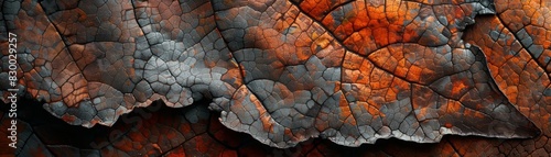 Close-up of colorful burned wood texture showcasing intricate cracks and vibrant hues of orange, black, and grey. photo
