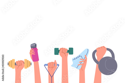 Obraz na płótnie Sports equipment in hands of people lifting weights and dumbbells for fitness training, or holding bottle and sneakers for running. Sports items for physical education or athletics to improve health w salonie