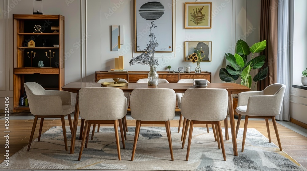 Contemporary dining set with a rectangular table and six chairs in a bright dining room Contemporary dining set with a rectangular table and six chairs in a bright dining room