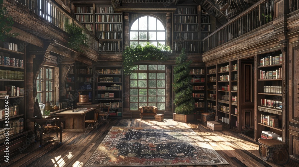 Fototapeta premium Rustic style Library with wooden furniture, many old books on the shelves. Interior. Generative AI