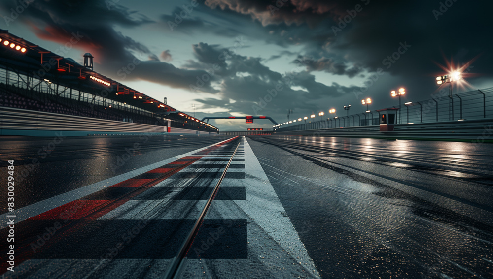 Fototapeta premium Racing car track with a finish line and stands in the background, night sky with clouds. A cinematic view of a racing sport or automotive competition concept. High Details, 8k, UHD