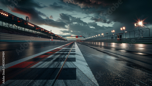 Racing car track with a finish line and stands in the background, night sky with clouds. A cinematic view of a racing sport or automotive competition concept. High Details, 8k, UHD