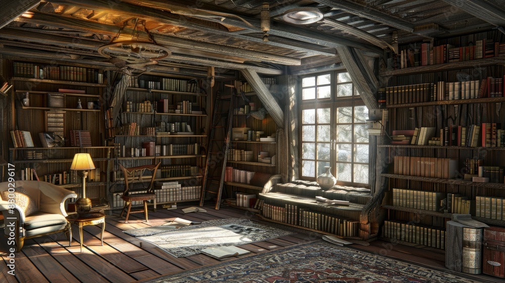 Rustic style Library with wooden furniture, many old books on the shelves. Interior. Generative AI Rustic style Library with wooden furniture, many old books on the shelves. Interior. Generative AI