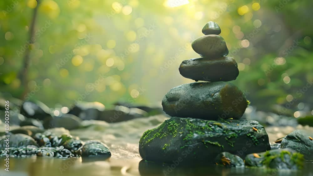 A pile of rocks is balanced precariously on the edge of a flowing river.