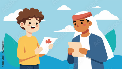 A teenage boy in the Middle East exchanges letters with a pen pal in Canada discussing their passions for photography and sports.. Vector illustration