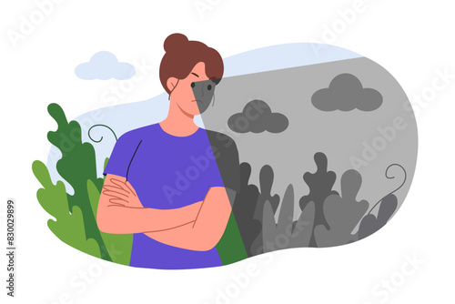 Pessimistic woman pays attention only to negative due to psychological disorder that causes stress and depression. Pessimistic girl needs help of psychologist after mental burnout and melancholy