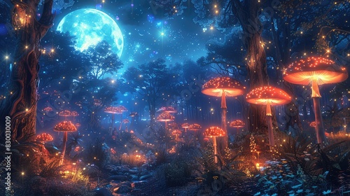 A photo of a moonlit forest with glowing mushrooms, a night sky with sparkling constellations