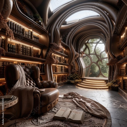 Cozy reading nook with luxurious armchair and open book surrounded by wooden shelves and warm lighting in a futuristic library.