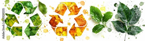 Colorful watercolor recycling symbol leaves representing sustainable environment, eco-friendly practices, and nature conservation in art. photo