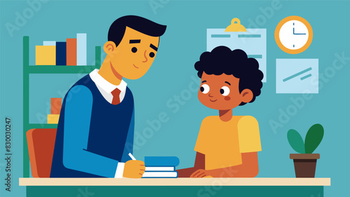 A shy student timidly approaches the teacher during afterschool homework help seeking a deeper understanding of a complex science concept.. Vector illustration