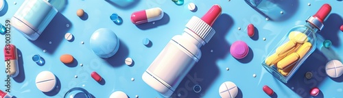 Colorful assortment of various pills, capsules, and bottles on a blue background, representing health, medicine, and pharmaceutical concept.