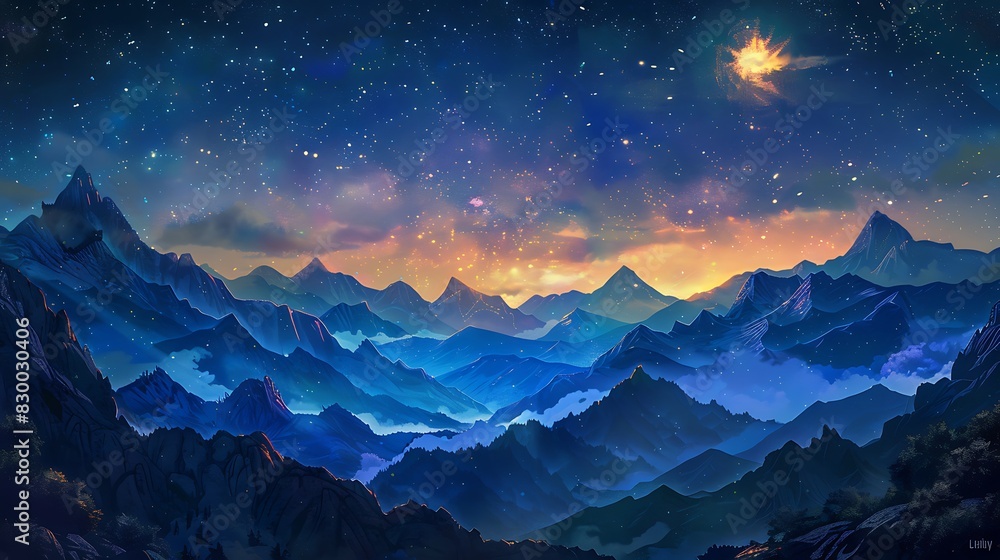 A panoramic view of mountains under a starry night sky.