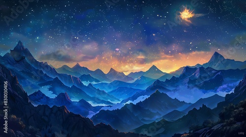 A panoramic view of mountains under a starry night sky.