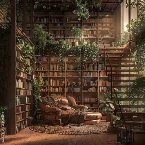 Cozy library with leather chair, wooden bookshelves, and indoor plants, creating a serene reading space with natural light and greenery.