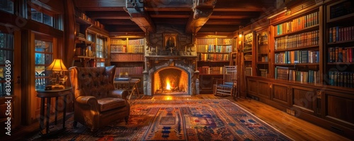 Cozy classic library with a roaring fireplace  leather chair  and wooden bookshelves filled with books  creating a warm and inviting atmosphere.
