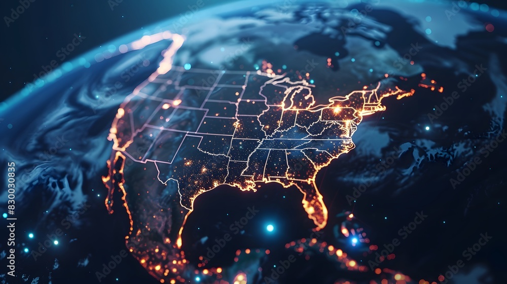 Blue abstract digital map of America with lines and dots. Suitable for ...