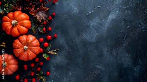 Autumn leaves and pumpkins on dark background. Flat lay, top view. Autumn decoration concept background. Halloween concept. photo