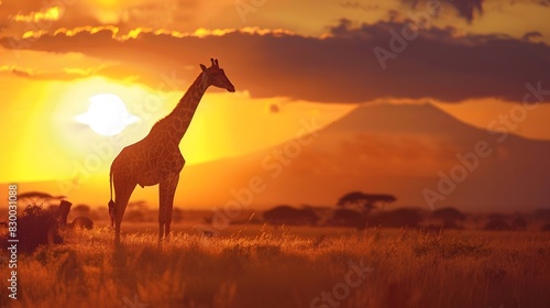 Mother and baby giraffes walking together through the savana at sunset photo
