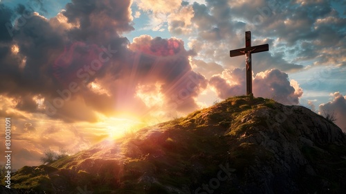 Cross on the hill, the path leading to God, Happy easter. Christian symbol of faith